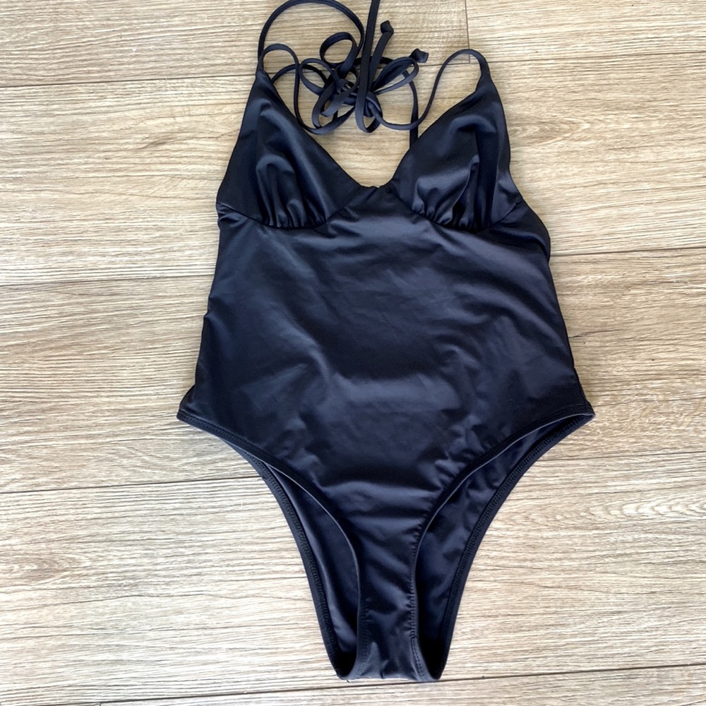 Frankies Bikinis Black Halter Tie One Piece Bathing Suit Swim Medium Brand New